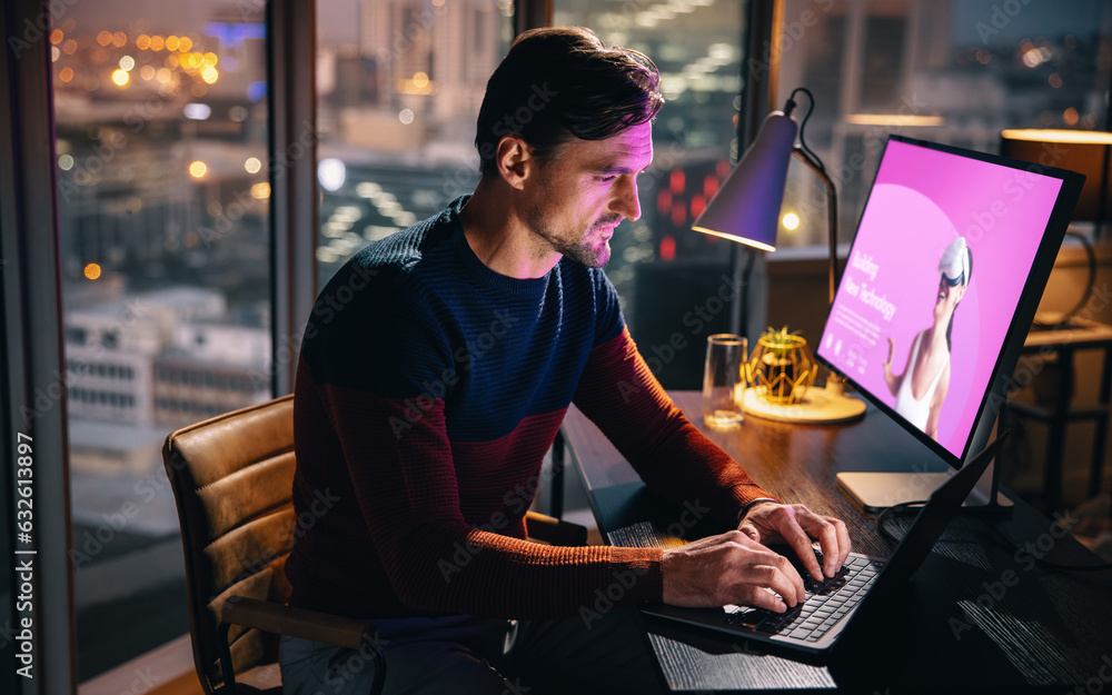 VR developer working in his office at night