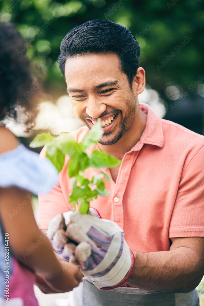 Garden, plant grow and happy child, dad or family gardening, nature care or agriculture in backyard.