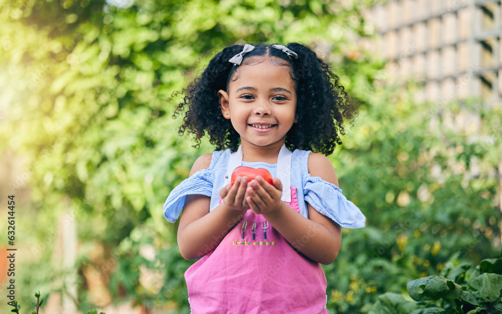 Girl child, apple and portrait in garden for growth, sustainability and happy for harvest, agricultu