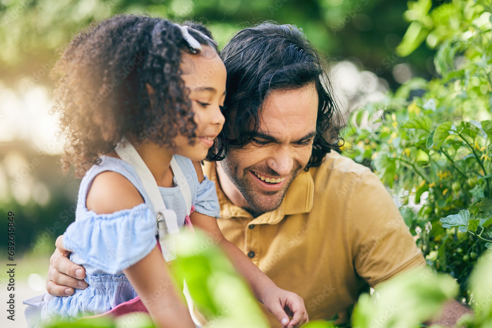 Gardening, dad and child smile with plants, teaching and learning with growth in nature together. Ba