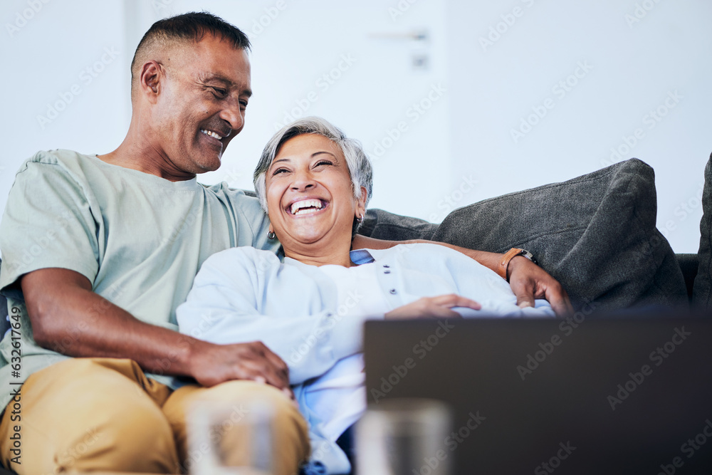 Laugh, relax and mature happy couple on sofa, embrace and funny time in living room of house. Smile,