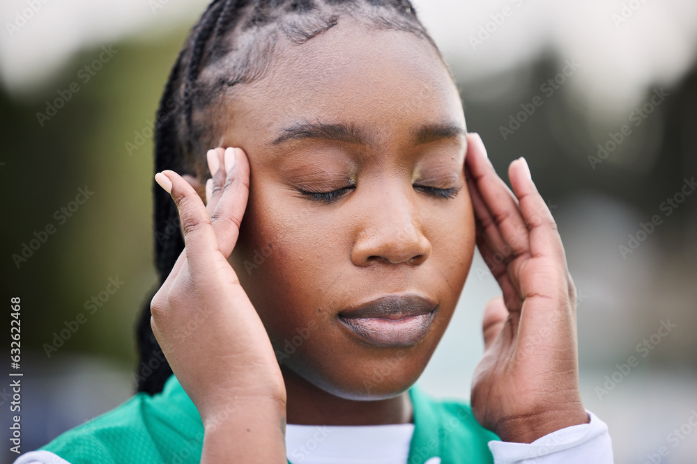 Sports, headache and face of black woman outdoor with stress, anxiety or burnout on blurred backgrou