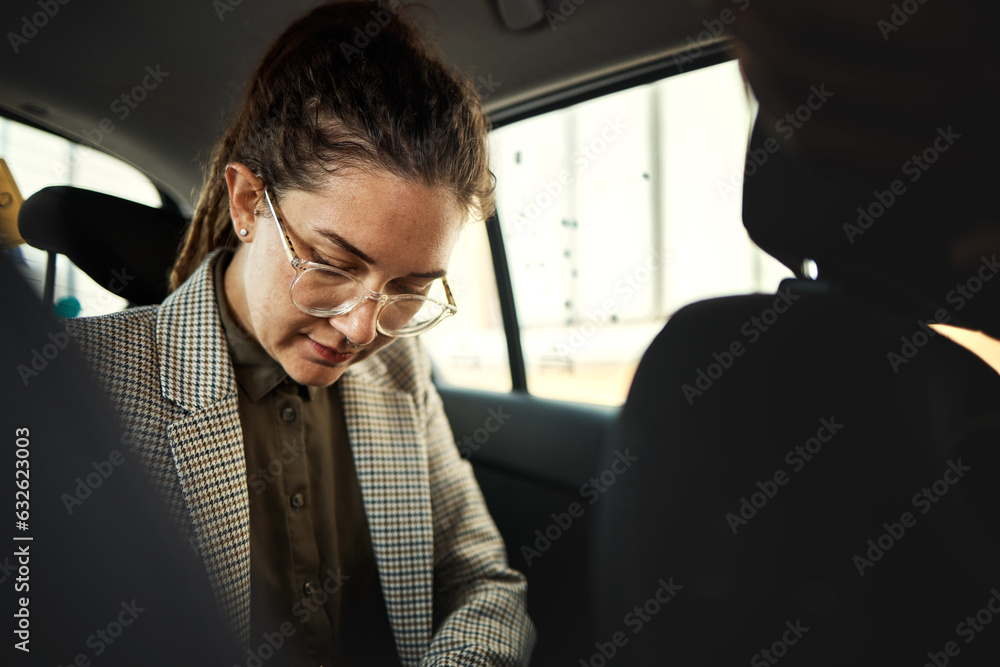 Taxi, car and business woman travel or commute in a vehicle ride and transport backseat in the morni