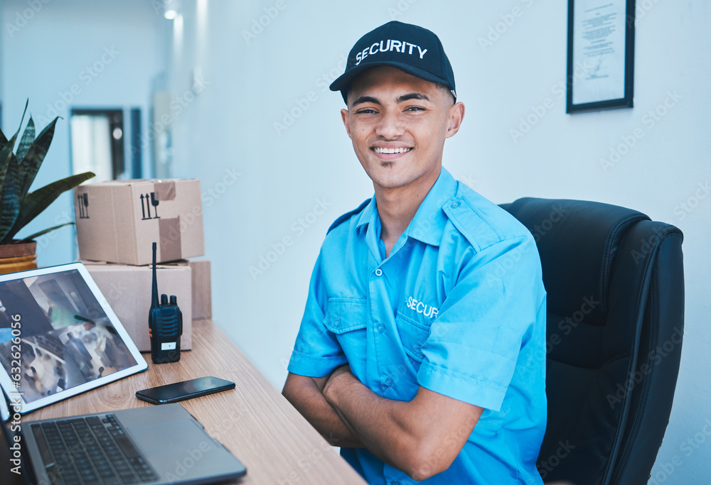 Security guard man, portrait and smile to monitor with laptop, tablet and arms crossed in control ro