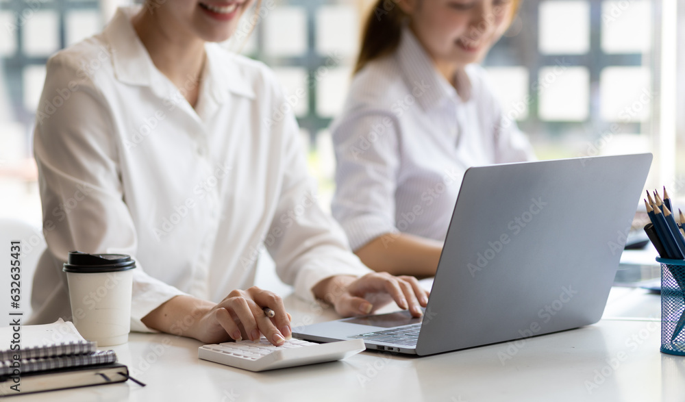 Businesswoman colleague discuss planning, budget management, accounting, business in office.