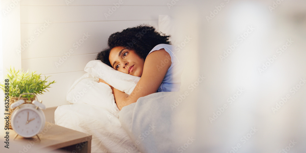 Woman, bed and insomnia or restless for sleep or rest in home bedroom with fatigue or stress. Female