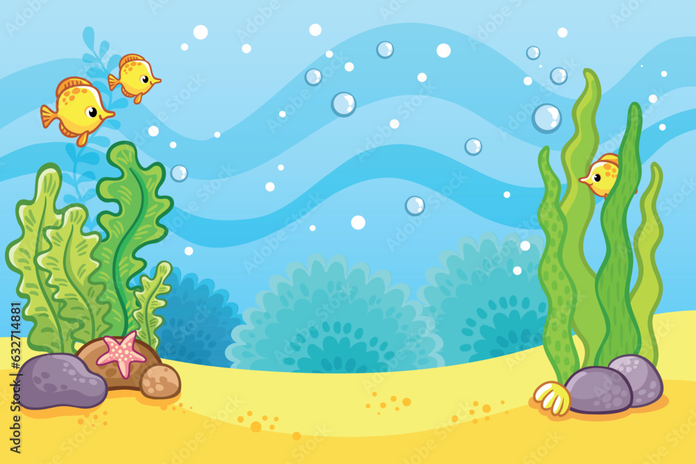 Vector illustration with marine fish and algae on a marine theme. Underwater world.