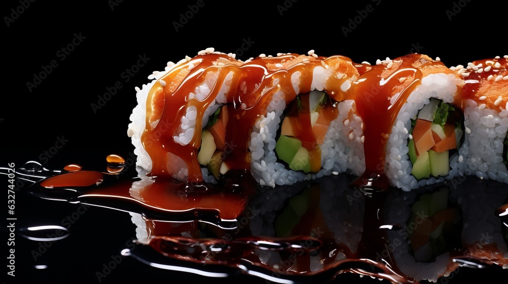 Sushi roll with sushi sauce falling on a black background