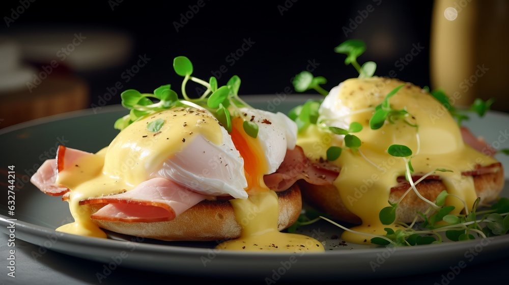 Eggs benedict with ham and shaved ham