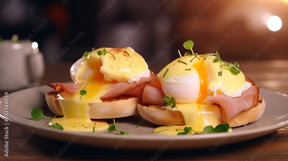 Eggs benedict with ham and shaved ham