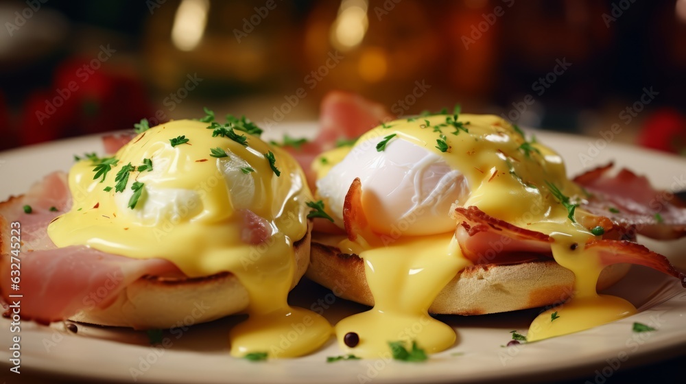 Eggs benedict with ham and shaved ham