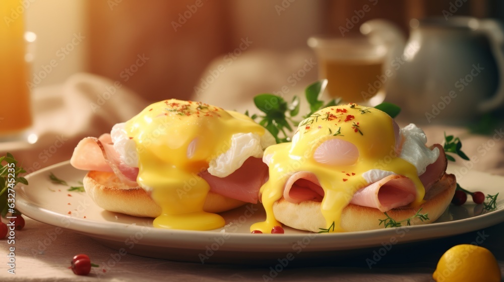 Eggs benedict with ham and shaved ham