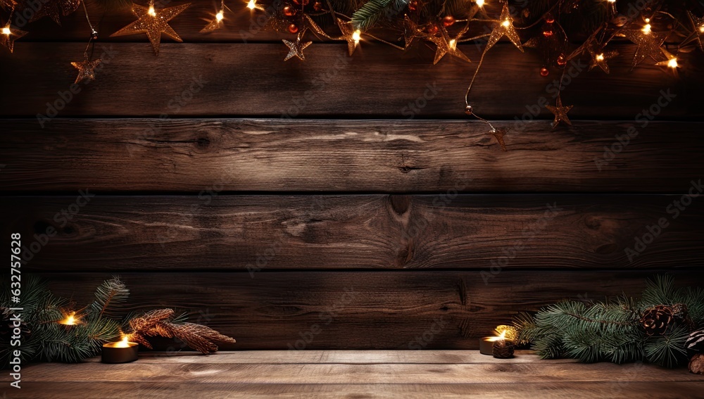 Christmas table background with christmas lights on tabletop