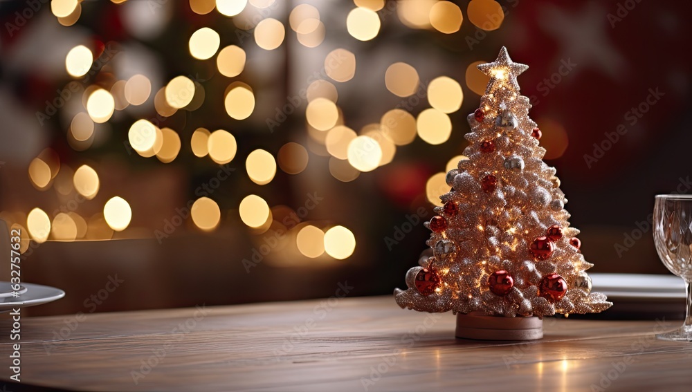 Christmas table background with christmas lights on tabletop