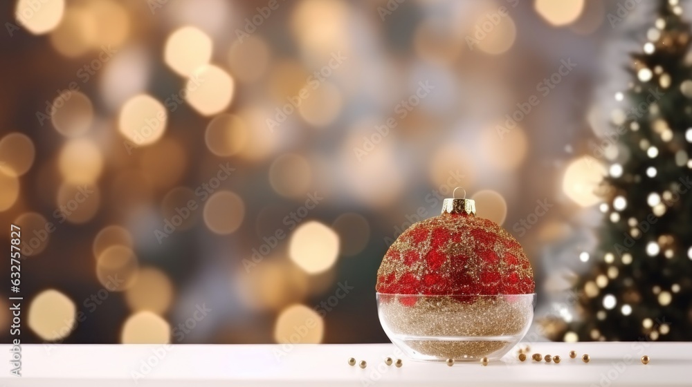 Christmas table background with christmas lights on tabletop