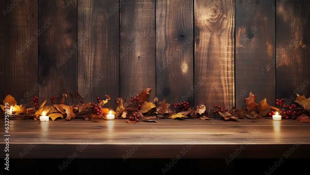 Christmas table background with christmas lights on tabletop