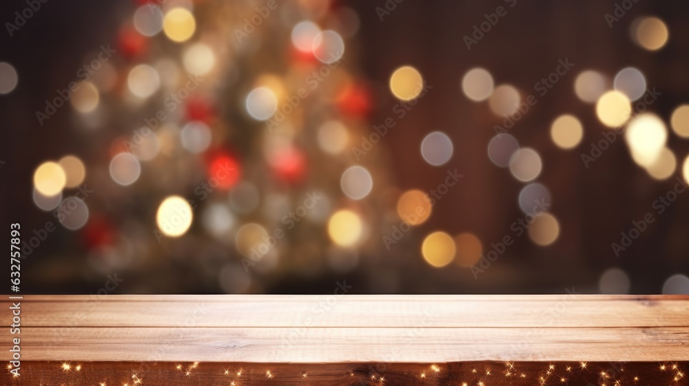 Christmas table background with christmas lights on tabletop