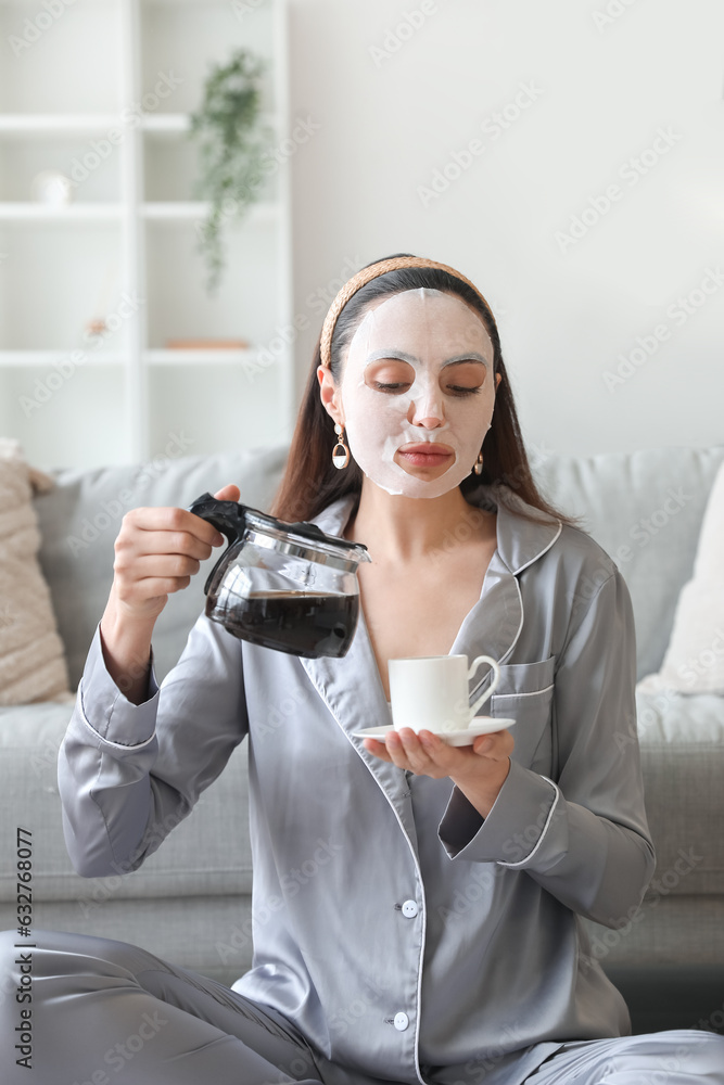 Young woman with sheet mask, coffee machine pot and cup at home