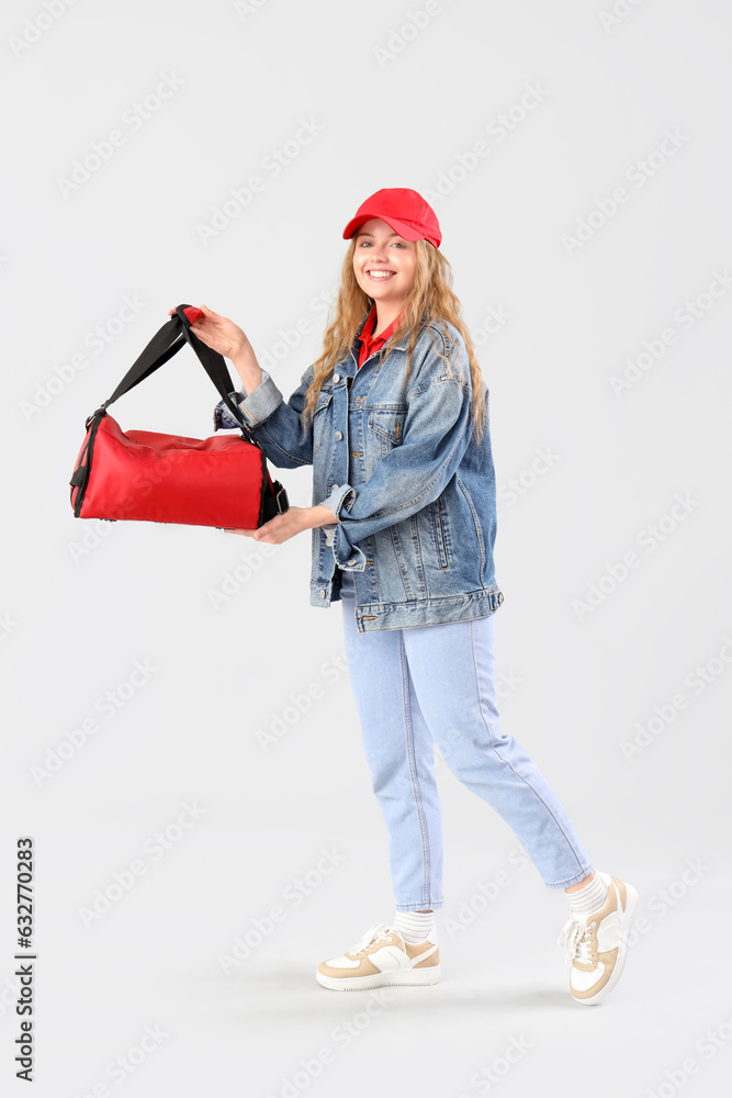 Female courier with thermal bag on grey background