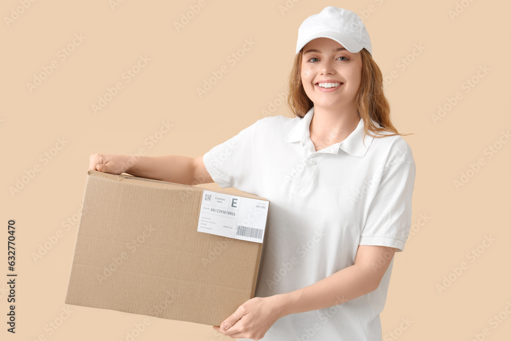 Female courier with parcel on beige background