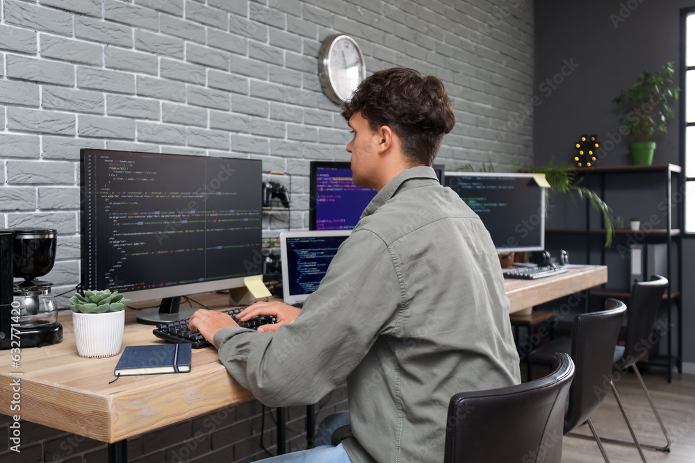 Male programmer working with computer at table in office