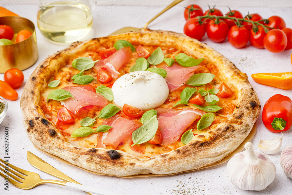 Tasty pizza with Burrata cheese on light background