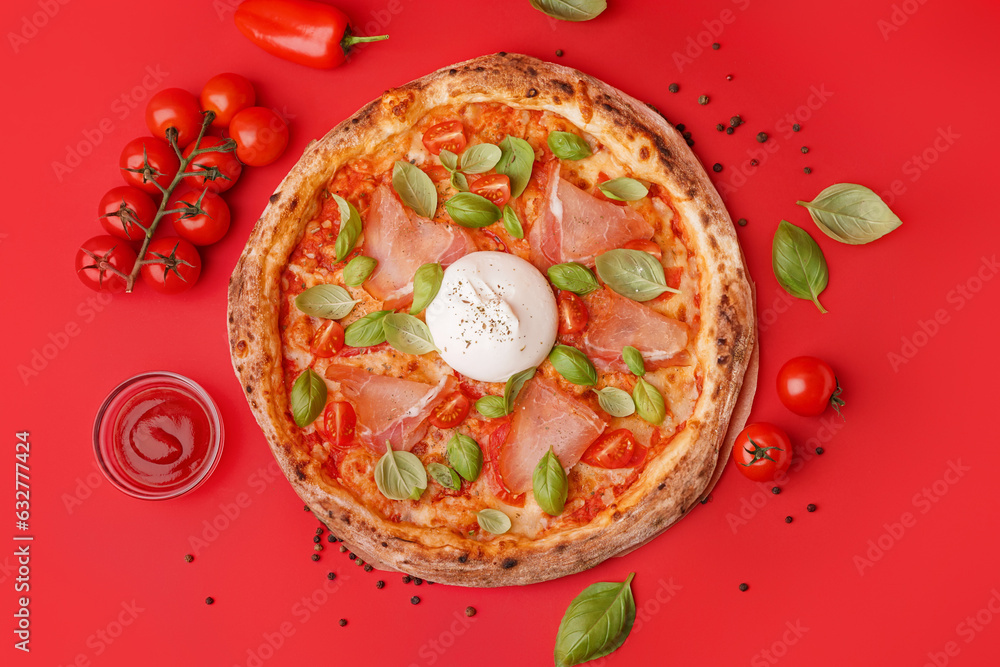 Tasty pizza with Burrata cheese on red background