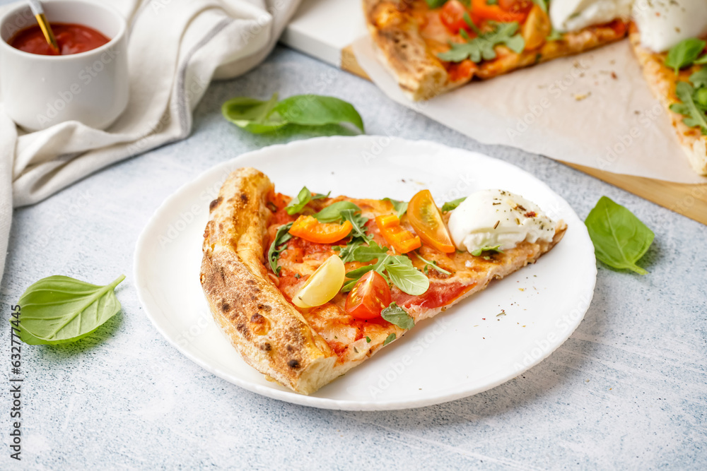 Slice of tasty pizza with Burrata cheese on grey background