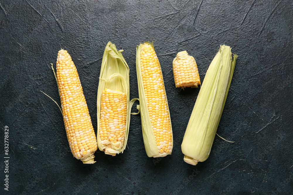 Fresh corn cobs on black background