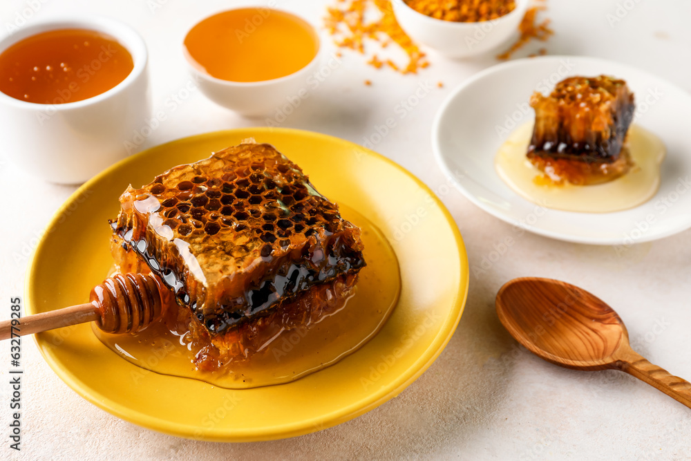 Plates with sweet honeycombs on light background