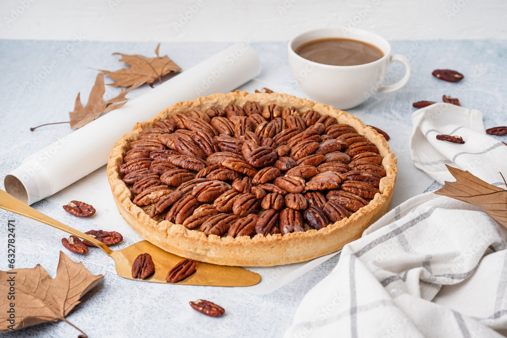 Tasty pecan pie on white background