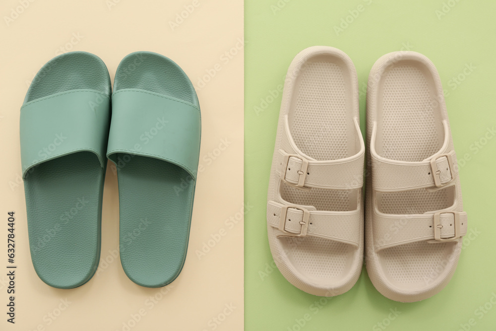 Pairs of flip flops on colorful background