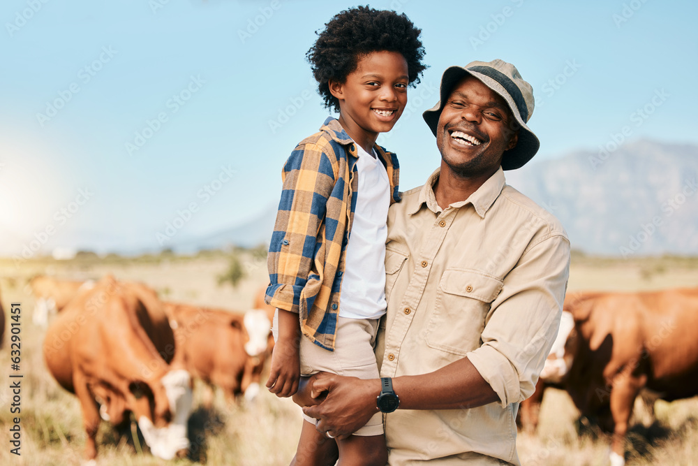 Happy black man, portrait and child with animals on farm for agriculture, sustainability or live sto