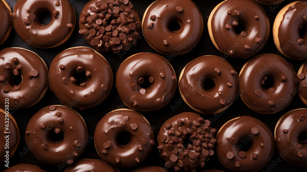 Donut with chocolate glaze background. Round american chocolate doughnuts. Generative AI