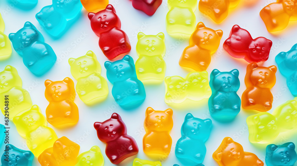 Gummy Jelly Bears Candies background. Sweet tasty backdrop. Generative AI