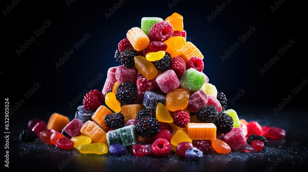 Top view on delicious multicolored candies on black rustic background. Generative AI