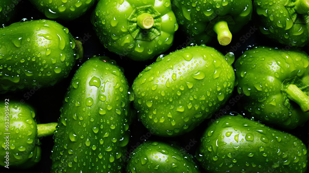 Fresh green bell peppers with water drops background. Vegetables backdrop. Generative AI