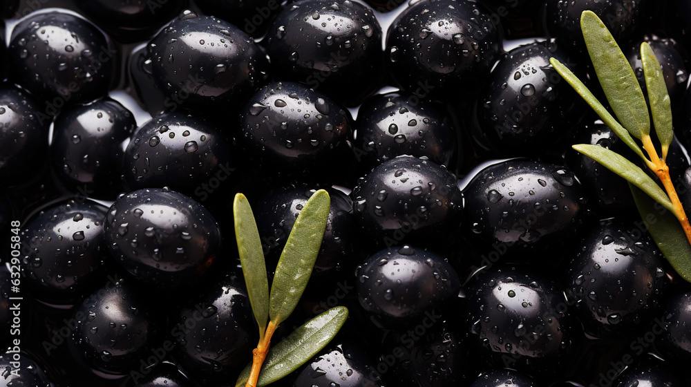 Black olives with leaves and water drops background. Vegetables backdrop. Generative AI