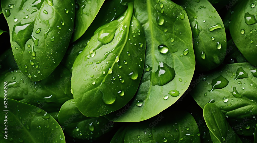 Fresh green spinach leaves with water drops background. Vegetables backdrop. Generative AI