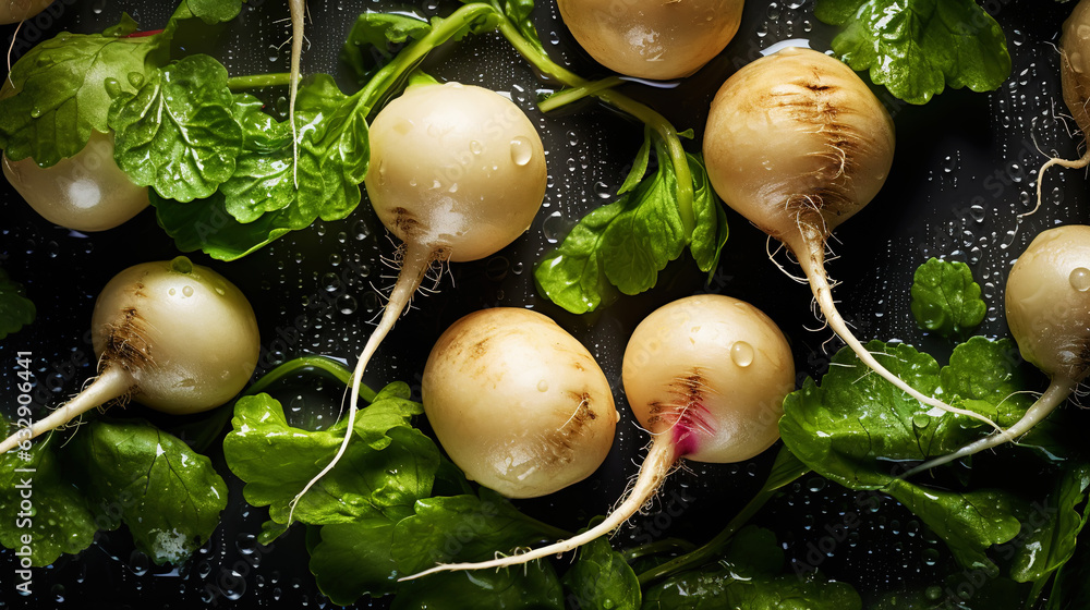 Fresh turnips with water drops background. Vegetables backdrop. Generative AI