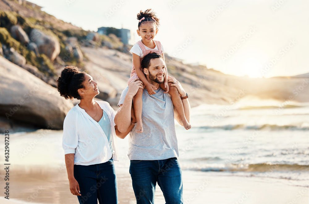 Family on beach, kid on father shoulders and travel with bonding, love and walking together in natur