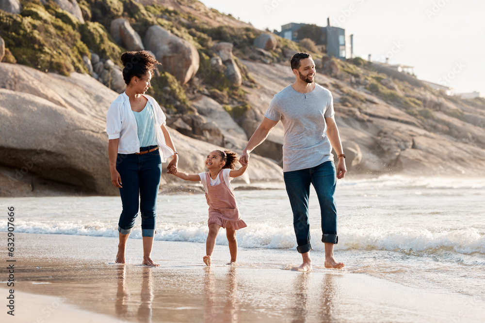 Family, beach and holding hands, parents and child with travel and bonding, love and walking togethe