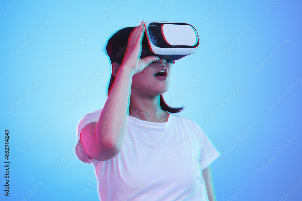 Woman, VR and vision with wow for futuristic experience, 3d games and gen z education or digital e l