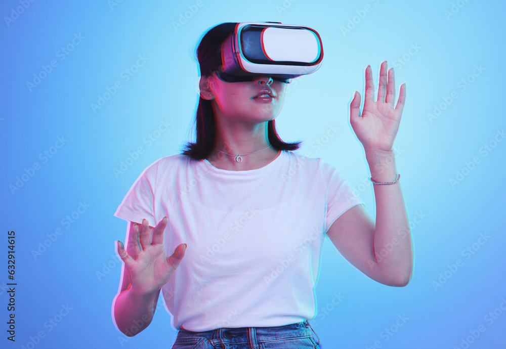 Glasses, virtual reality and woman in futuristic metaverse, 3d games in education or digital e learn