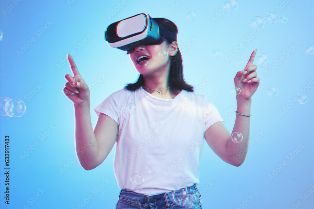 Woman, virtual reality and glasses for futuristic gaming, metaverse and user experience with high te