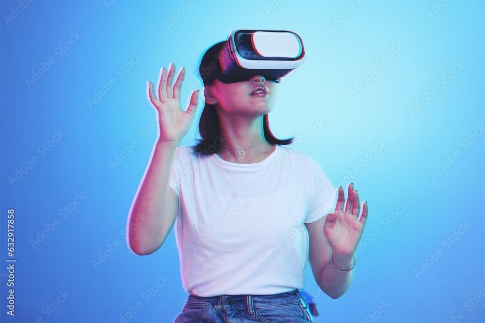 Woman, VR and glasses for futuristic metaverse, 3d games and gen z education or digital e learning. 