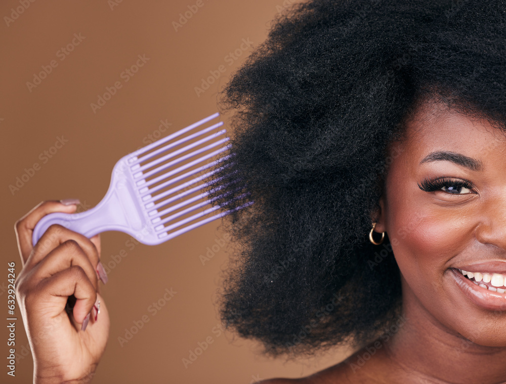 Portrait, hair and comb with a natural black woman in studio on brown background for cosmetics. Face