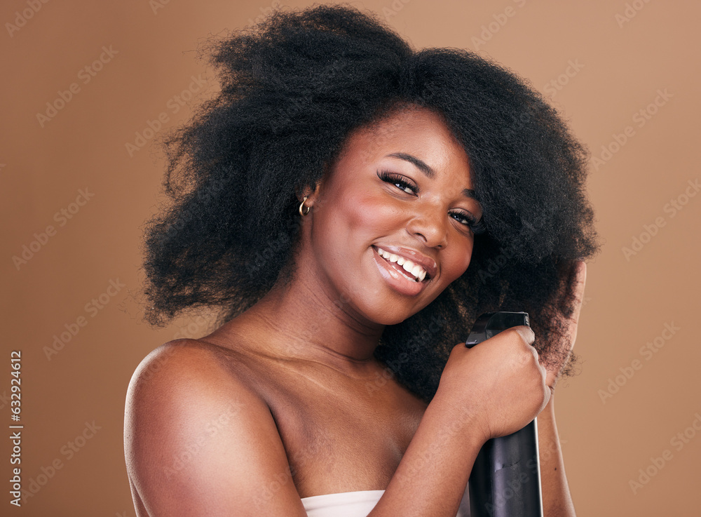 Portrait, hair and spray with a model black woman in studio on a brown background for natural cosmet