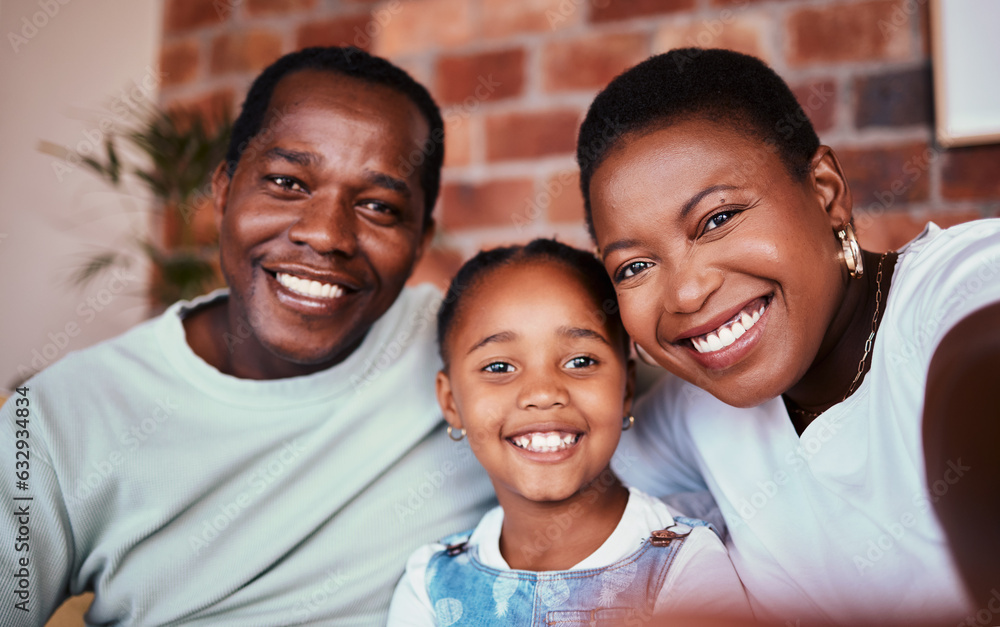 Selfie of black family in home, parents and kid with bonding, love and relax in living room together