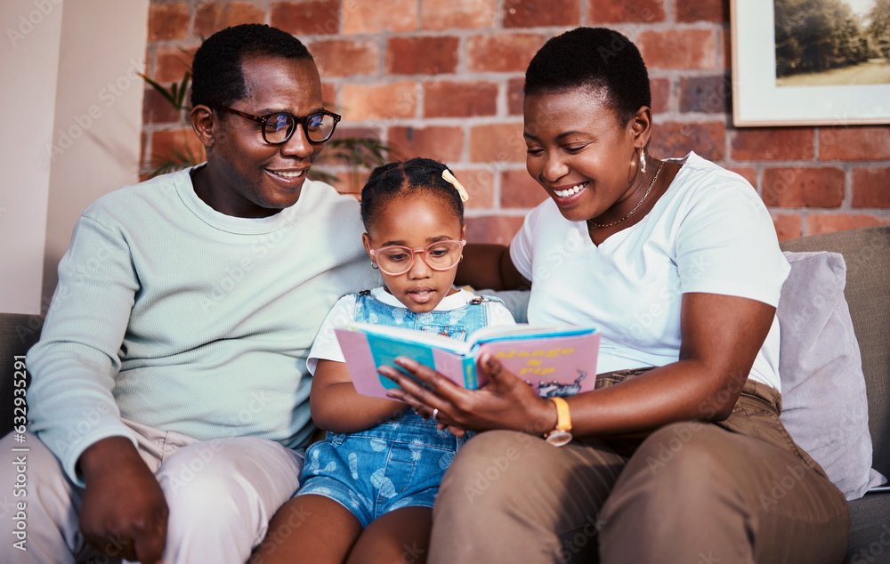 Family, happy and reading a book on a home sofa with glasses for learning, knowledge and time togeth